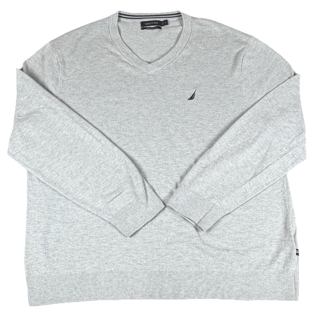 Nautica Sweater Mens XL Gray V Neck Navtech Knit Pullover Long Sleeve Logo